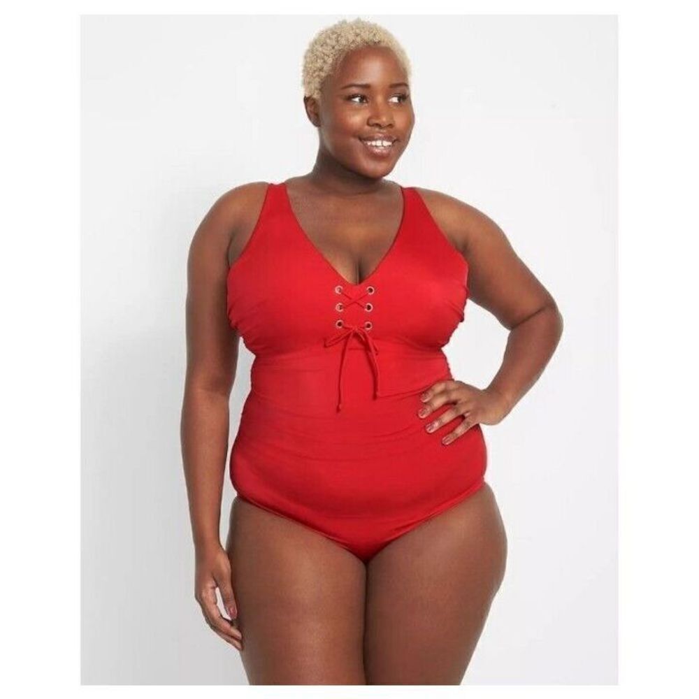 Lane Bryant Cacique Swim GojI Berry Red Grommet One Piece Swimsuit Size 26
